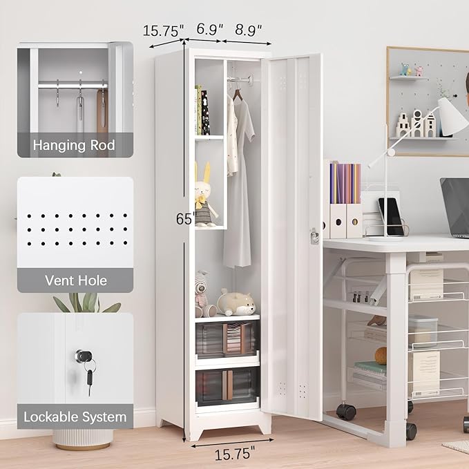 GREATMEET Slim Broom Closet Storage Cabinet, Narrow Utility Closet, 65" Metal Cleaning Supply Storage with Lock and Door,Utility Cabinets for Brooms and Mops for Laundry Room, White