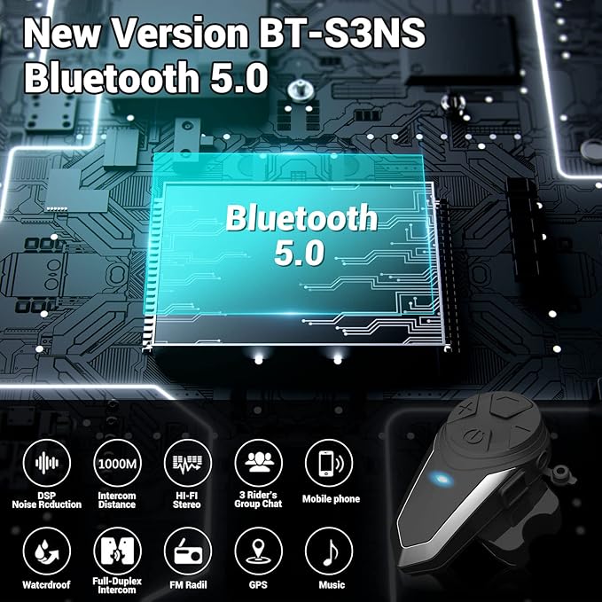 Motorcycle Bluetooth Headset BT-S3NS 1000m Motorcycle Helmet Bluetooth Radio Intercom Wireless Interphone to 2-3 Riders (Waterproof/Handsfree/Stereo Music/FM Radio/GPS/MP3 (1 Pack)