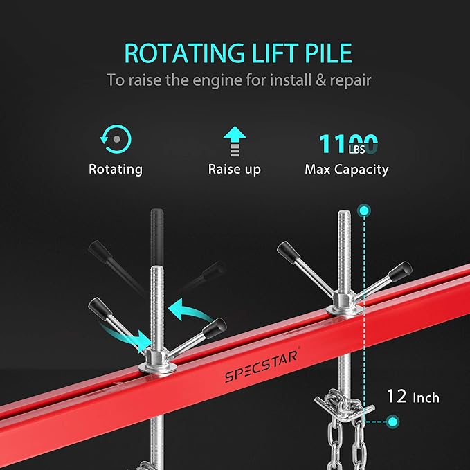 SPECSTAR 1100 Lbs Engine Support Bar Transverse Hoist for Motor Transmission with 2 Points Lift Holder and Dual Hooks
