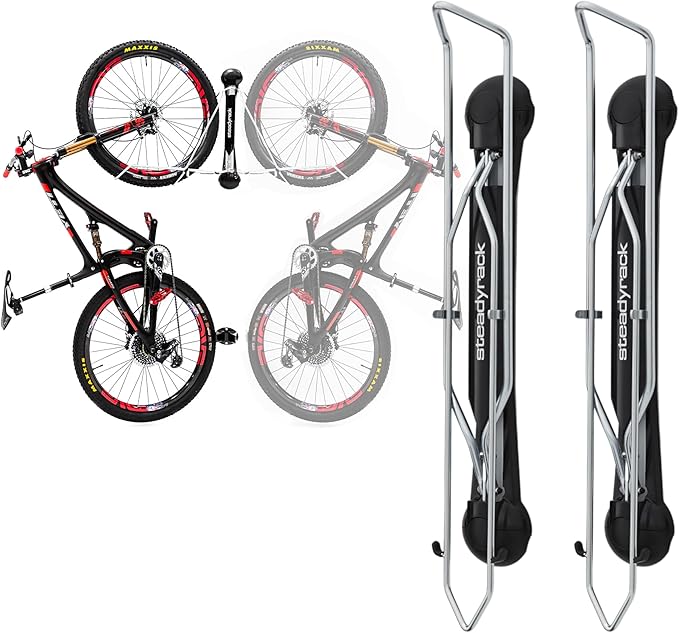 Steadyrack Bike Rack for Mountain Bikes - The Original Wall Mounted Vertical Bike Storage - Fits Wide Tires - Space Saving Pivot Design - Heavy-Duty Steel Rack for Indoor Garage, Apartment or Home Use