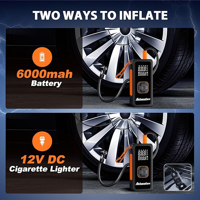 Tire Inflator Portable Air Compressor - Air Pump with Digital Pressure Gauge, 150PSI, LED Light, Auto Shut-Off Function - Cordless Pump for Car, Motorcycle, Bicycle, Balls and Lawn Equipment