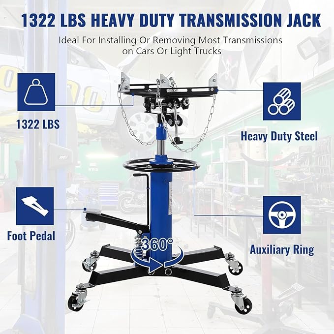 Transmission Jack 1322 LBS Hydraulic Telescoping 2-Stage Lift Jack Stand 33.8"-72.8" High Lift Transmission Jacks with Foot Pedal & 360° Swivel Wheels for for Garage/Workshop Car and Truck Repairs