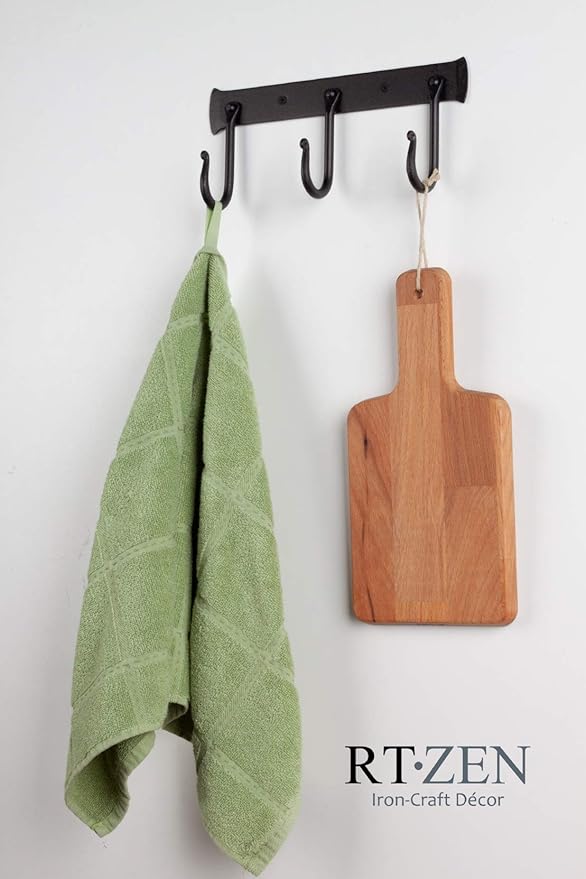 RTZEN Wall Mount Hook Set - Wrought Iron Decorative Rustic Metal Coat Hooks for Hanging - Handcrafted Classic Farmhouse Wall Mounted Black Hooks for Towel Robe or Hat Hanging - 3 Hook Rack