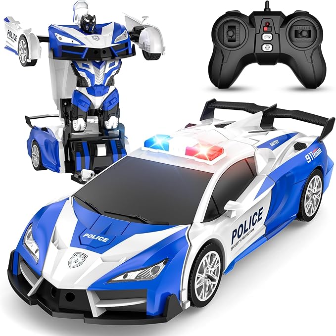 Remote Control Car for Boys 4-7, 2.4GHz RC Car 1:18 Scale, One-Button Transforming Toy with 360° Spins, LED Lights (Blue)