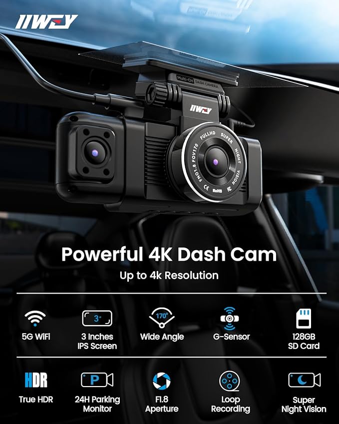 iiwey N7 3 Channel Dash Cam Front and Rear Inside 3K+1080P+1080P with 128GB SD Card, 5GHz WiFi, Rotatable Side Camera for Car, IR Night Vision, 24/7 Recording, G-Sensor, Parking Mode
