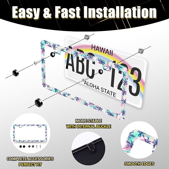 Plam Trees License Plate Frame Hawaii Tropical Leaves License Plate Holder Funny License Plate for Car Decoration Stainless Steel Colorful Auto Parts with Screws for Men Women 12.3" x 6.3"