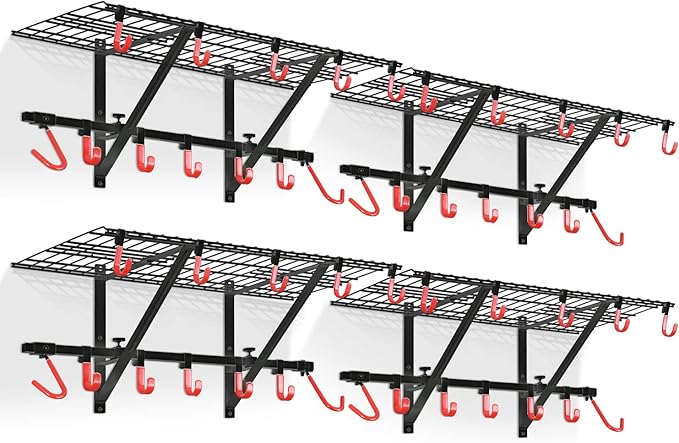 PLKOW Garage Wall Shelving 4-Pack Includes Bike Hooks, Sturdy Adjustable Garage Shelving Wall Mount Garage Wall Organizer (Black, 4-Pack)