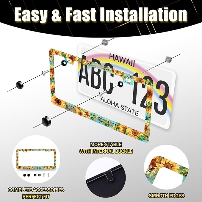 Butterfly Sunflower License Plate Frame Wooden Board Flowers Animals License Plate Holder Stainless Steel Front and Rear Car Tags Auto Parts Colorful License Plate Decoration with Screws 12.2" x 6.2"