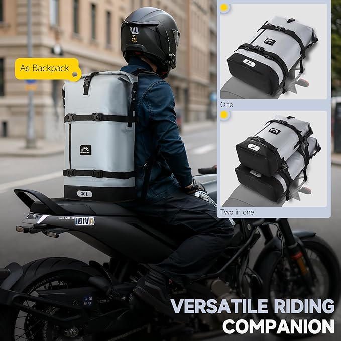 Motorcycle Tail Bag, 30L Waterproof Motorcycle Saddle Bag, 2 Size and 3 Color Options Luggage Bag, PVC Travel Bag, Rear Seat Bag, Stone Grey GT-30GRY
