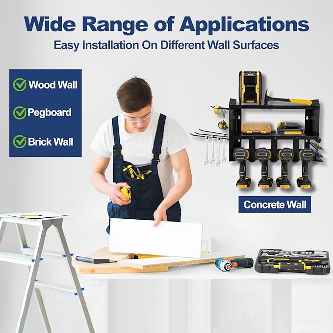 Heavy-Duty Power Tool Organizer Wall Mount, 3-Tier Drill Storage Rack with Dual Side Pegboards and 4 Hooks, Perfect for Garage, Workshop, Tool Room - Ideal Gift for Men, Black