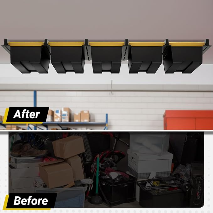 5-bin Overhead Garage Storage Rack, Heavy Duty Ceiling Storage Racks, Powder Coated Tote Storage Rack for Garages, Sheds, Storerooms (6 PCS, for 5 Bins)