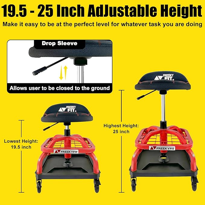 Rolling Shop Stool with Wheels, Garage Work Mechanic Stool with Backrest, Roller Mechanic Chair, Adjustable Height, 360° Swivel, Tool Tray Storage, 330 LBS Capacity, Heavy Duty, Red