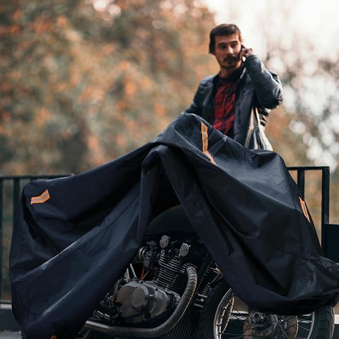 Motorbike Cover Waterproof Outdoor, Motorcycle Scooter Moped Cover Sun Rain Dust Protection with 4 Reflective Strips and 2 Windproof Buckles, 2 Lock-Holes for Cruisers Sportbikes (1XL: 91x37x49 inch)
