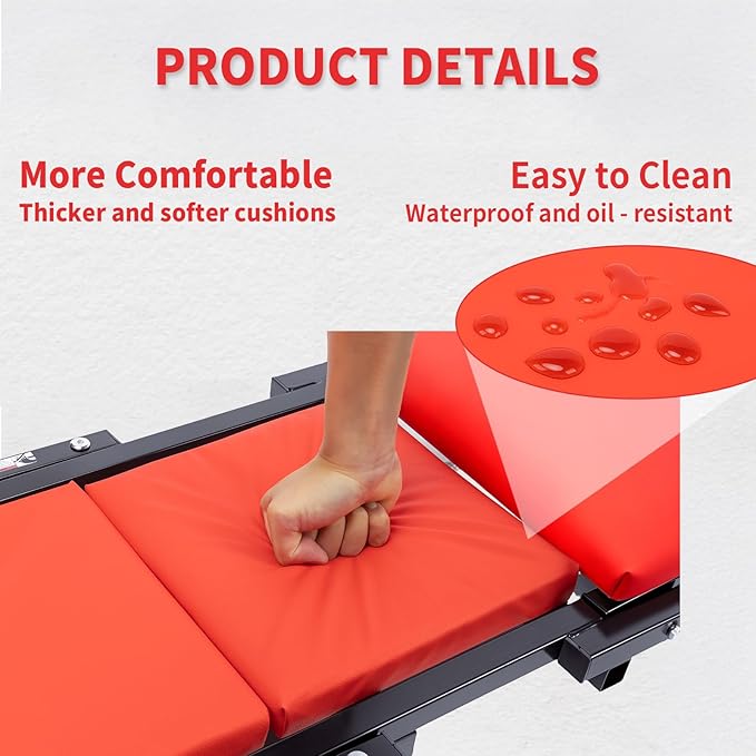 Mechanic Creeper 40 inches 2-in-1 Mode Z Seat with Tool Tray, 480lbs Capacity, Foldable Garage Adjustable Rolling with 6pcs Roller, Lay Down Sit Lean Back, Under Car Auto Repair Men Gift, Red