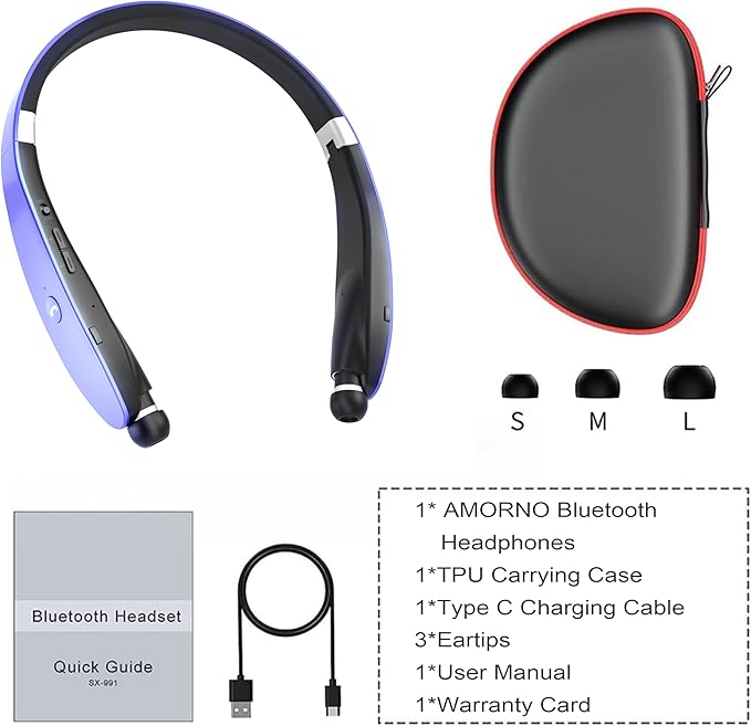 AMORNO Foldable Bluetooth Headphones Wireless Neckband Headset with Retractable Earbuds, Sports Sweatproof Noise Cancelling Stereo Earphones with Mic