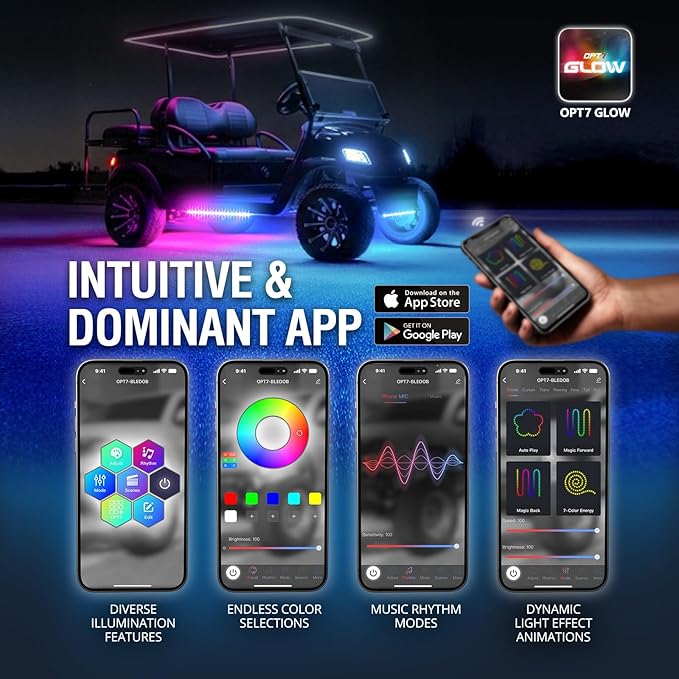 OPT7 Aura DreamColor Underglow Chasing Lights for Golf Cart w/APP & Remote Control, Waterproof Rigid Aluminum Light Bar, Decorative RGB-IC Car LED Lighting Kit, EZGO Yamaha Club Car Universal Fit