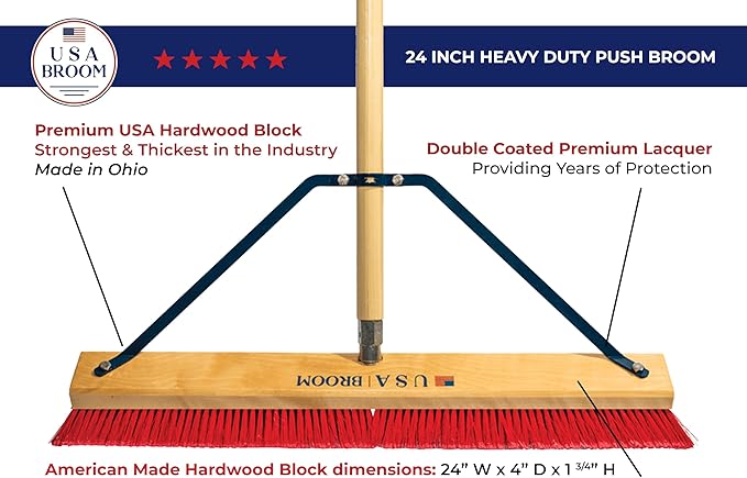 24" Everyday Sweep Indoor/Outdoor Push Broom with 60" Handle. Ideal for Garages & Shops. Durable American Made Steel Brackets-All Stainless Steel Hardware. No Plastic. 100% Made in The USA.