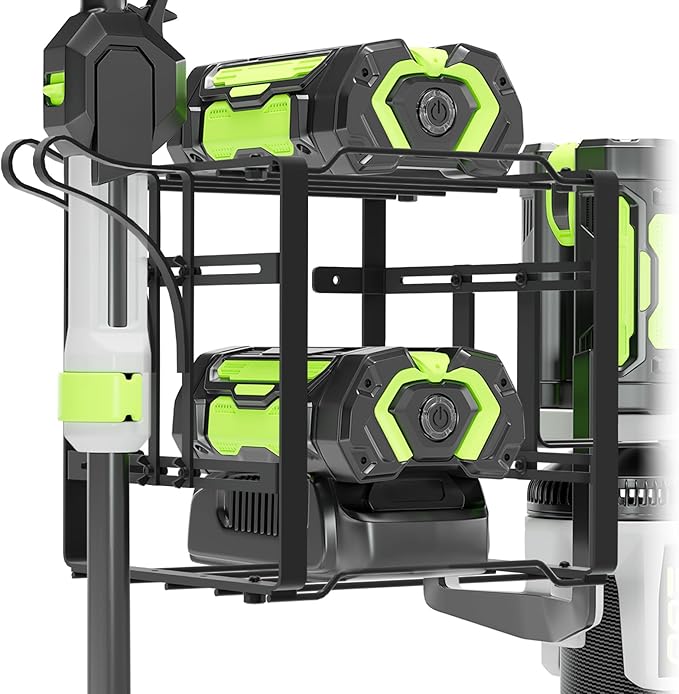Pugala Universal Storage Rack for Leaf Blower, Weed Eater, and Power Tools – Adjustable Wall Mount Organizer with Heavy-Duty Steel, Powder-Coated Finish, and Battery Storage – Black