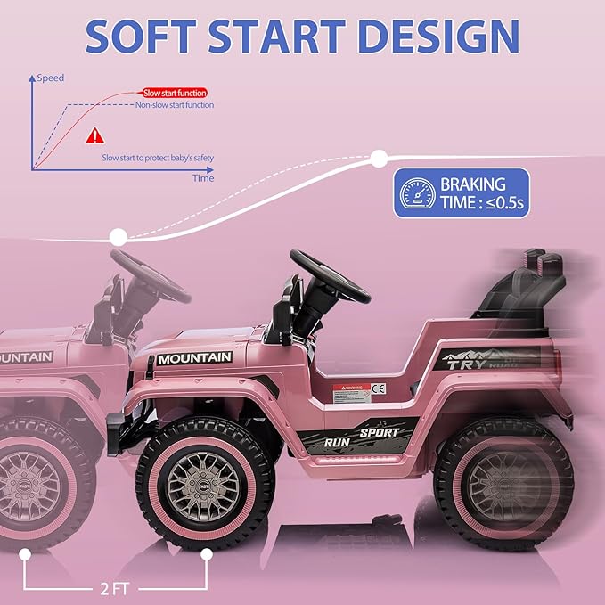 12V Kids Ride on Truck Car, 4 Wheeler Electric Vehicles with Remote Control, Spring Suspension, 3 Speeds, LED Lights, Music, MP3, Battery Powered Ride on Toy Gift for Boys Girls, Light Pink