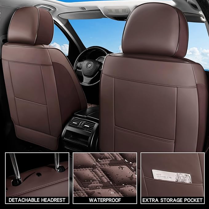 Car Seat Covers Full Set, Leather Seat Covers for Cars, Car Seat Protector Waterproof, Non-Slip Car Interior Covers Fit for Most Cars, SUV, Vans, Trucks,5Seaters,Full Set,Brown