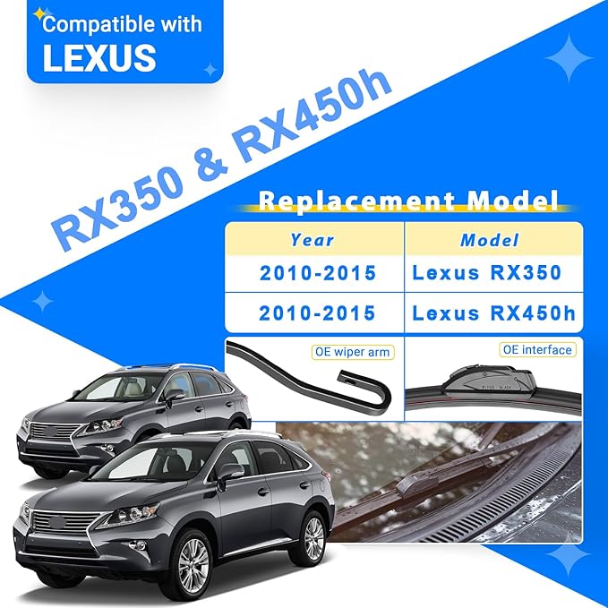Windshield Wiper Blades Replacement for 2010-2015 Lexus RX350 RX450h RX 350 450h Original Factory Quality Front Rear Wipers Blade Set for My Car - 26" 22" 16" (Pack of 3)