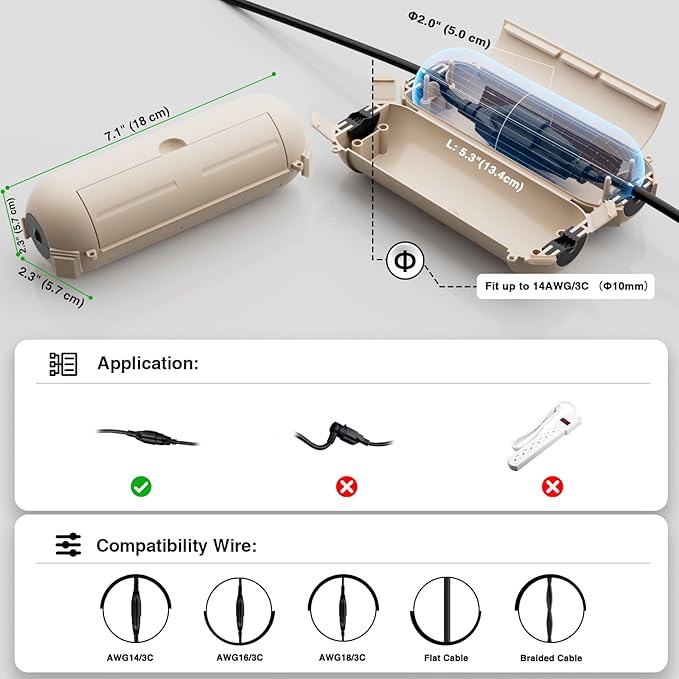 Flemoon [3 Pack] Outdoor Extension Cord Cover Waterproof, Weatherproof Electrical Connection Box for Straight Plug, Outlet, Socket, Halloween, Christmas Holiday Decoration String Light, Almond