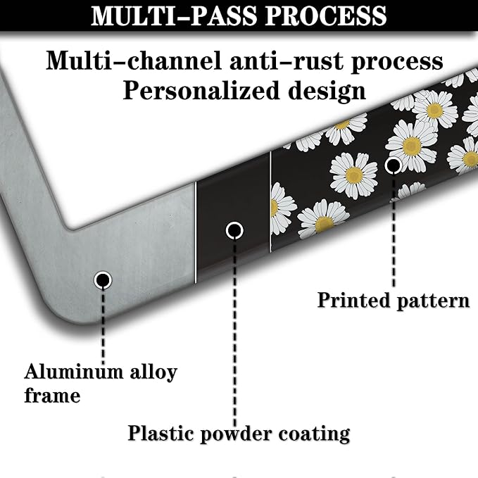 License Plate Protector Black and White License Plate Frames White Daisy Black Decorative Universal Aluminum Car Accessory 2 Pack with Screw Covers Set