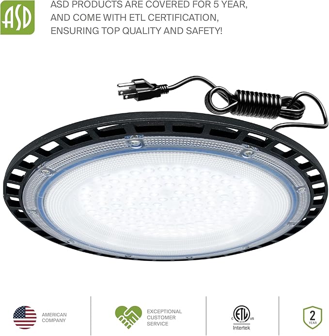 ASD LED High Bay UFO Light Fixture, Commercial Shop Lighting | Plug & Play Cable, IP65 Waterproof, ETL Listed | 100W 18000LM 5000K 100-277V | Warehouse, Garage, Workshop, Barn Lamp | Black, 12 Pack