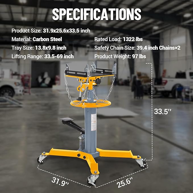 Dual Plunger Hydraulic Transmission Jack 1322lbs Capacity, 33.5"-69" High Lift 2-Stage Hydraulic Telescoping Jack, Trans Jack Stand with Non-Slip Pad, Foot Pedal & Swivel Wheel, Yellow