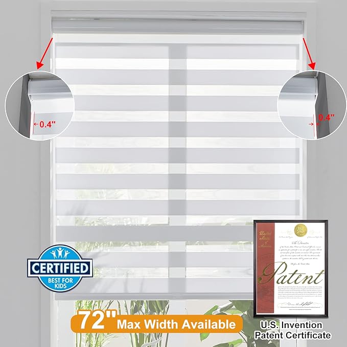 Persilux Zebra Blinds Cordless Blinds & Shades (55" W x 72" H, White) Free Stop Roller Window Shades, Light Filtering Blinds for Windows, Light Control for Day and Night
