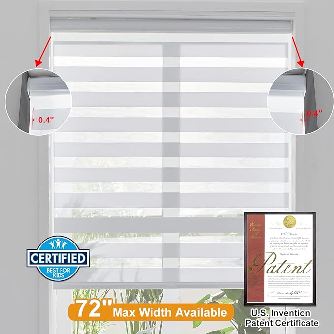 Persilux Cordless Zebra Blinds for Windows Free-Stop Roller Shades (30" W X 64" H, White) Dual Layer Light Cintrol for Day and Night, Light Filtering Sheer Shades for Home, Easy to Install