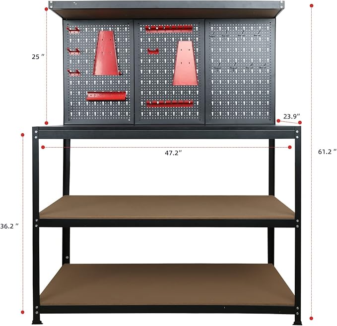 Prostormer Workbench, 47.25 inch Multipurpose Garage Worktable with Peg Board Hook Kit for Home, Garage, and DIY Projects