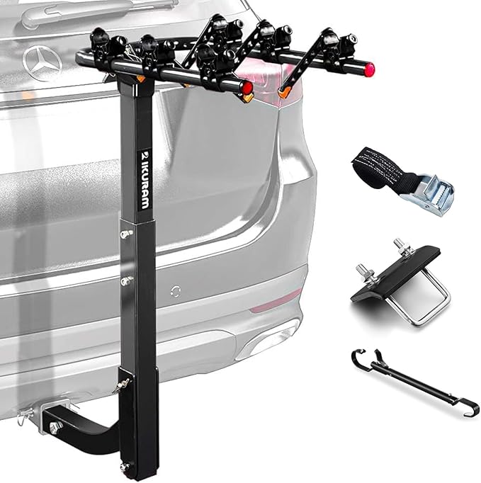 3 Bike Rack Bicycle Carrier Racks Hitch Mount Double Foldable Rack for Cars Truck SUV Fits 2" Receiver, Tie Down Strap, Anti-Rattle Hitch Tightener & Bicycle Cross-bar Adapter for Kid’s Bike