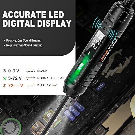 Heavy Duty 3-72V Digital LED Automotive Test Light, Circuit Tester with Polarity Indicate and Illuminating Lights, Car Truck Low DC Voltage Light Tester with Stainless Probe & 142 Inch Extended Wire