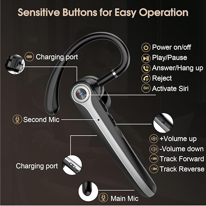 Bluetooth Headset, Wireless Bluetooth Earpiece with ENC Noise Canceling Mic, 120Hrs Talk Single-Ear Headphones, LED Display, IPX7 Waterproof Hand-Free Earphone for Business/Trucker/Driver, Blcak