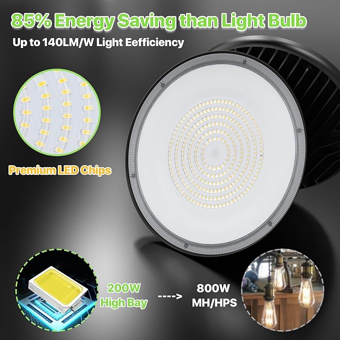 High Bay LED Shop Lights 200W - 28000LM 5000K High Bay Light, IP65 Waterproof with US Plug, Hanging Hook, 2 Pack Commercial Bay Lights for Barn, Warehouse ETL Listed
