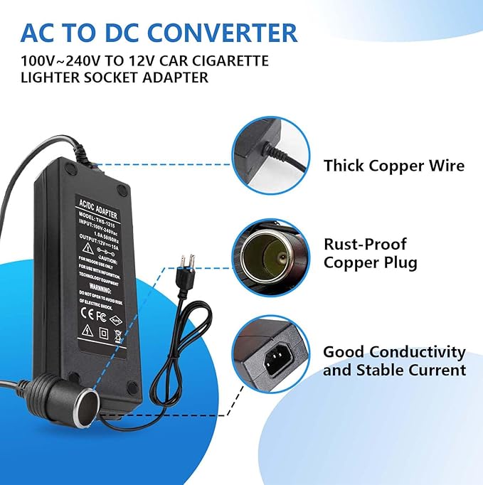 15A 180W 110V to 12V Converter AC to DC Converter 120 to 12 Volt Converter Car Cigarette Lighter Socket Adapter AC/DC Power Supply Adapter for Tire Inflator Car Refrigerator and Other Car Devices
