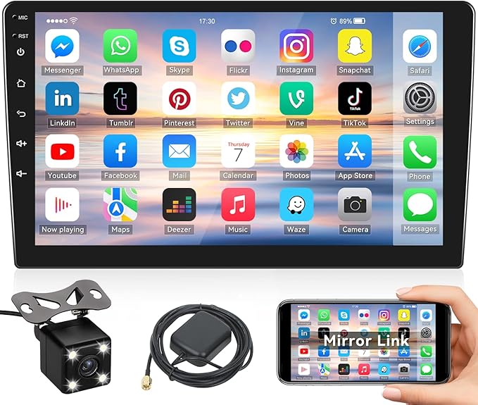 10.1Inch 2.5D HD Double Din Car Stereo Radio Receiver, Android Touch Screen MP5 Multimedia, Support GPS Navigation Bluetooth FM Radio+4 Led Lights Rear View Camera&Dual Mirror Link