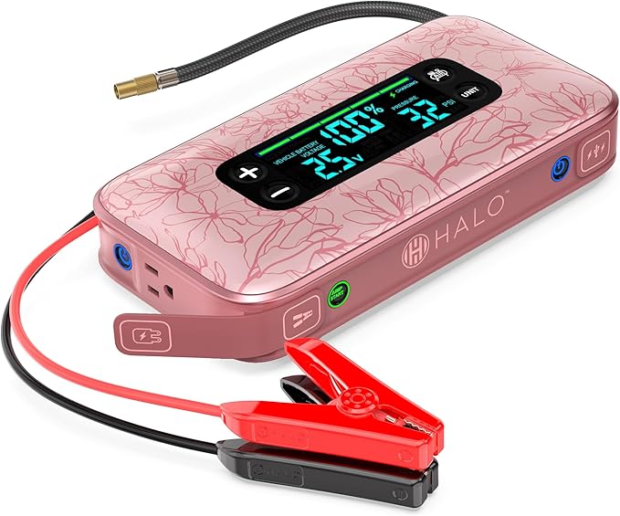 HALO Bolt Ultimate 3 Portable Car Battery Jump Starter | 130 PSI Air Compressor, 55.5Wh USB Power Bank, Large Display, Emergency Floodlight & Charger, Jumps Cars SUVs & Trucks, Inflates Tires — Rose