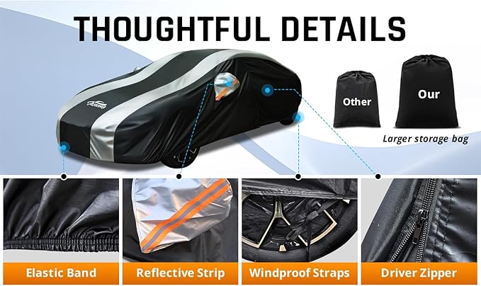 Full Exterior Covers with Silver Stripe Design,Sedan Car Cover for Waterproof Universal Fit Toyota Corolla Prius, Ford Focus Sedan, Hyundai Elantra, Kia Forte, Nissan Sentra, VW Jetta