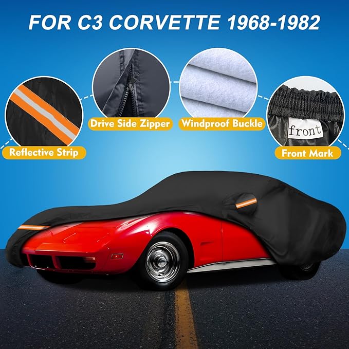 QUNSUNUS 6 Layer Car Cover for C3 Corvette 1968-1982 Waterproof All Weather Windproof for Corvette Car Cover Hail Protection with Zipper