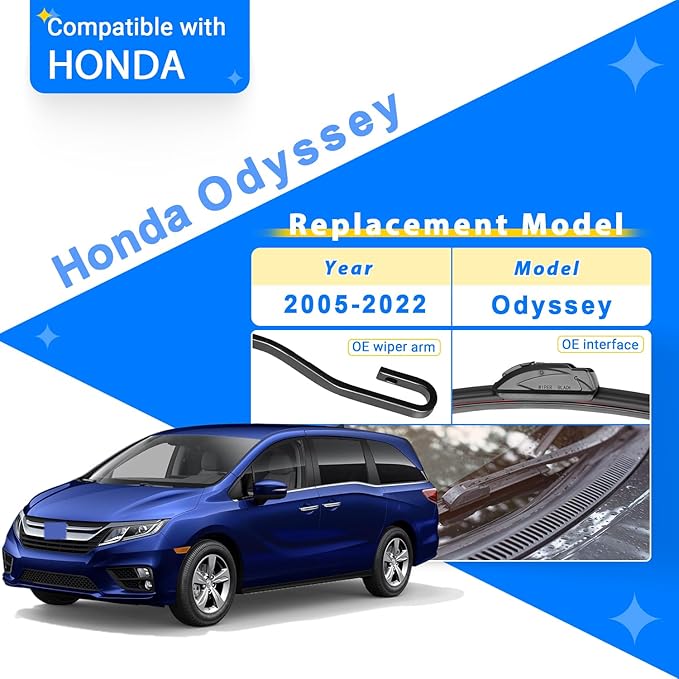Windshield Wiper Blade Set Replacement for 2005-2022 Honda Odyssey Original Equipment Replacement Front Rear Wiper Blades-26"/22"/16" (Set of 3) U/J Hook
