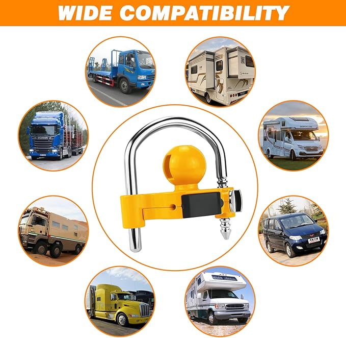 Funmit Trailer Lock Universal Hitch Lock with Combination Lock, fit 1-7/8", 2", 2-5/16" Coupler, Camper Accessories for Travel Trailers Boats Trucks Rvs Yellow