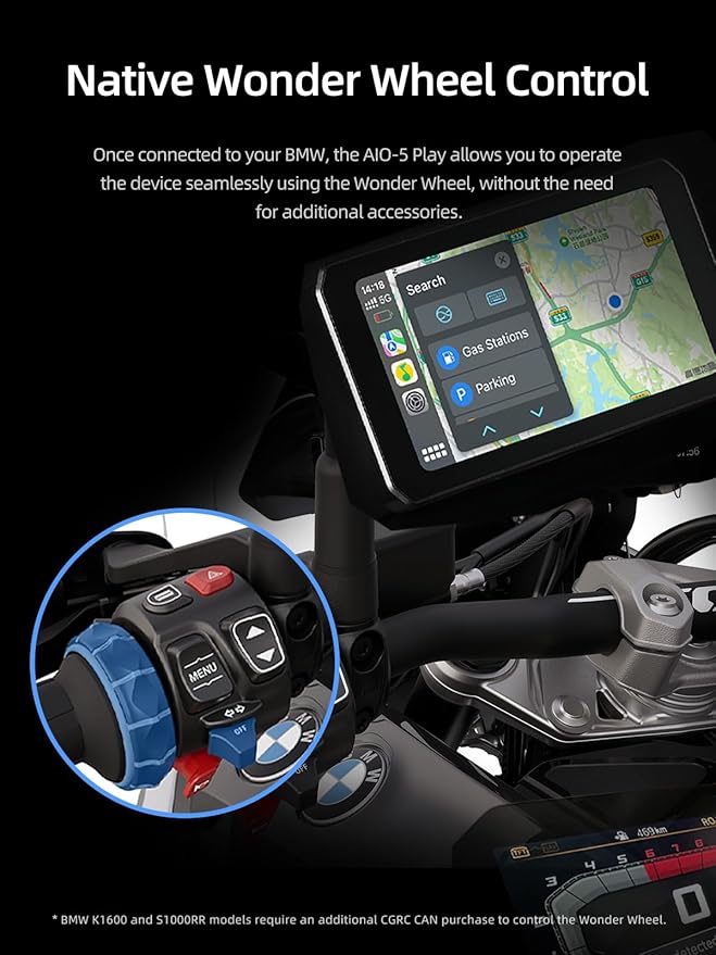 AIO-5 Play for BMW Motorcycles, 3-Pin Interface, Plug-and-Play Smart Display with CarPlay & Android Auto, 60FPS Mode, IP68 Waterproof, Built-in GPS, Anti-Theft Alarm, Data Reading