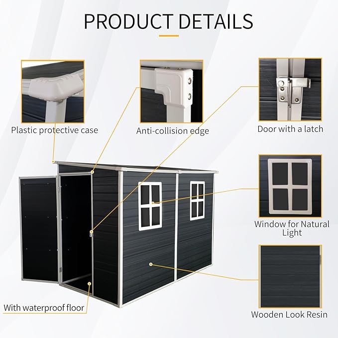 4x8 FT Outdoor Storage Resin Shed with Floor,Waterproof Plastic Garden Bike Shed with Lockable Door, Sloped Roof, Vents & Windows, Easy Assembly Tool Shed for Lawn, Backyard, Patio, Black