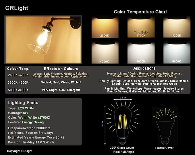 LED Edison Bulb 4W,Antique 40W Vintage Edison Bulb,E26 Light Bulb Non Dimmable Led Bulb 450 Lumens 2700K Warm White,Pack of 6