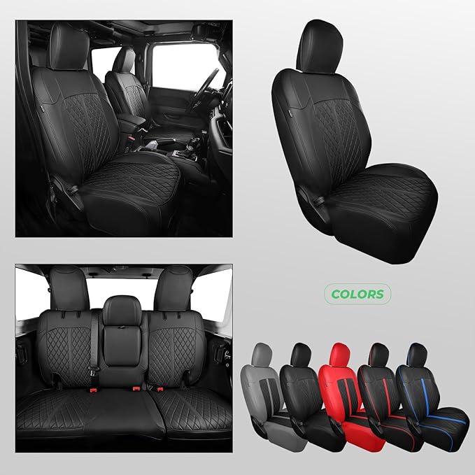 for Jeep Wrangler Seat Covers 4Door JL 2018 2019 2020 2021 2022 2023 2024 2025, Custom Fit Car Seat Cover Full Set, Luxury Waterproof Leather Seat Protectors, Black, with Rear Cup Holder