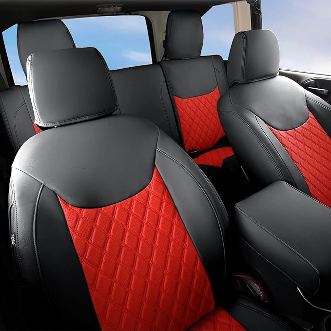 GIANT PANDA Customized Full Set Car Seat Covers for Jeep Wrangler 4 Door JK Sahara Sport Rubicon Unlimited Willys Wheeler Altitude 2013 2014 2015 2016 2017, Faux Leather - (Black+Red)