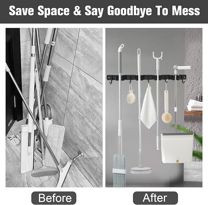 Mop and Broom Holder Wall Mount 4 Racks and 5 Hooks Broom Organizer Storage Tool Racks Stainless Steel Heavy Duty Hooks for Home Kitchen Garden Laundry Garage