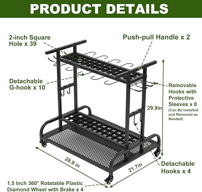 Garden Tool Organizer with Wheels, Large Capacity Garage Tool Rack with Hooks, for Broom, Shovel, Long Handled Tools, Metal Yard Tool Organizer for Garage, Shed, Outdoor